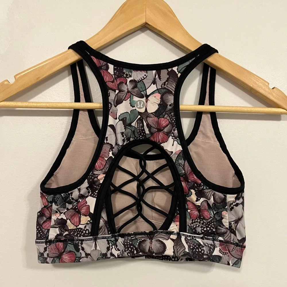Lululemon Sweaty Or Not Bra II So Fly Butterfly Angel Wing Multi/Black 6